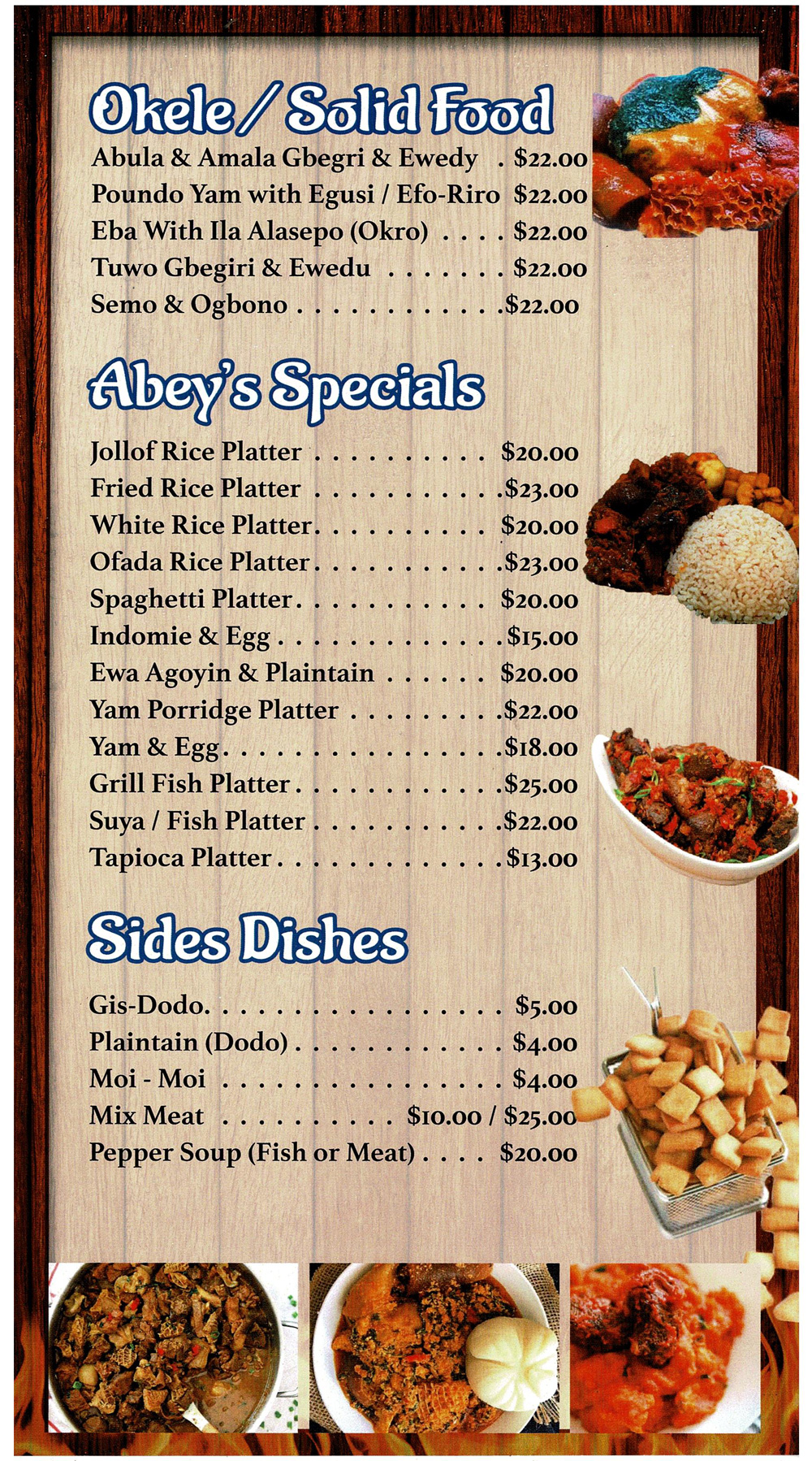 Abey African Food Menu
